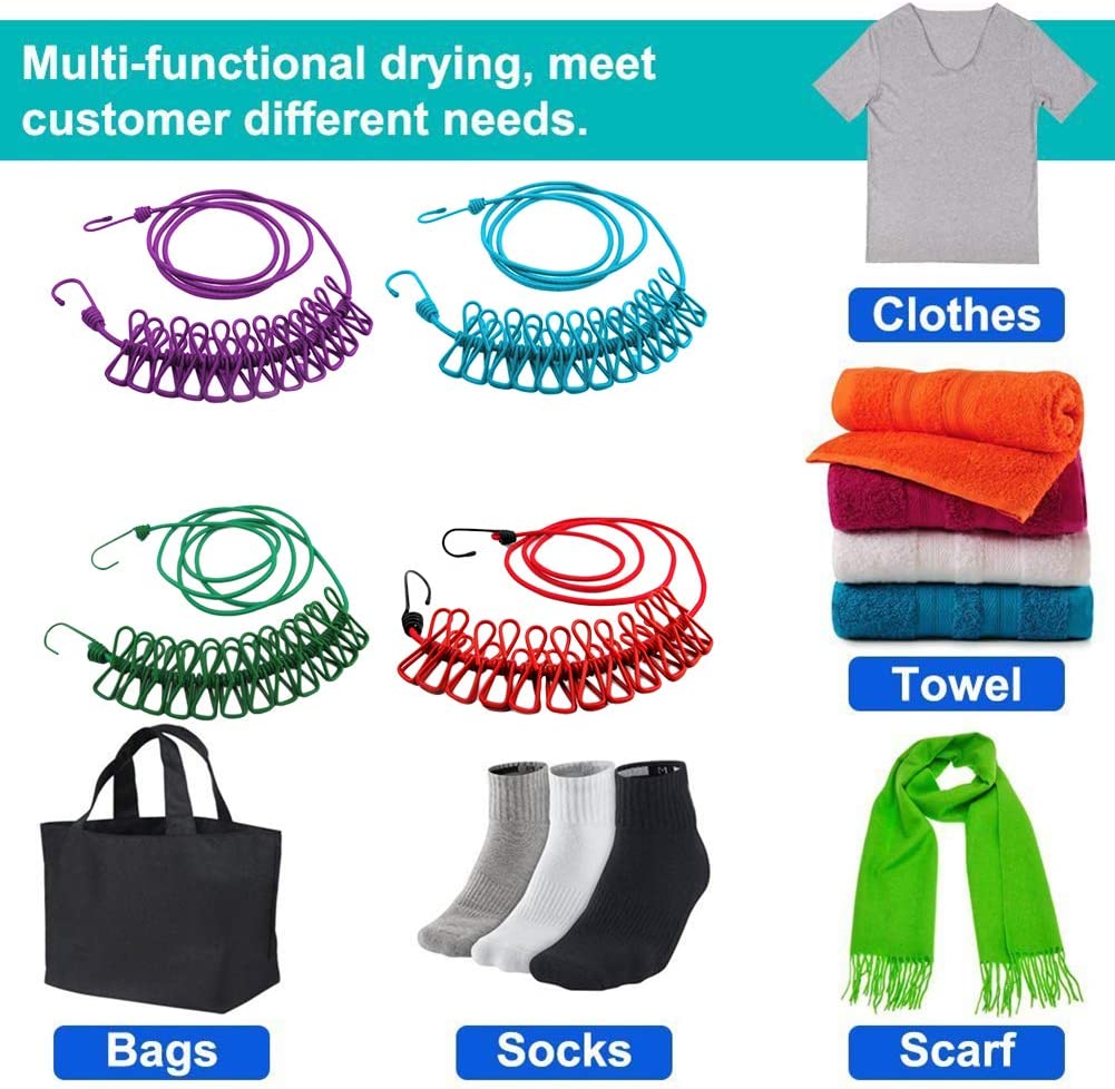 Portable 12 Clip Drying Racks Rope Hook